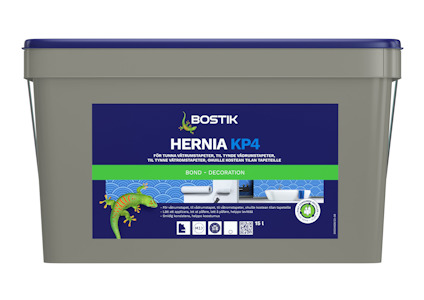 En rektangulär plastbehållare med blå lock och etikett med texten "HERNIA KP4" och "BOSTIK".