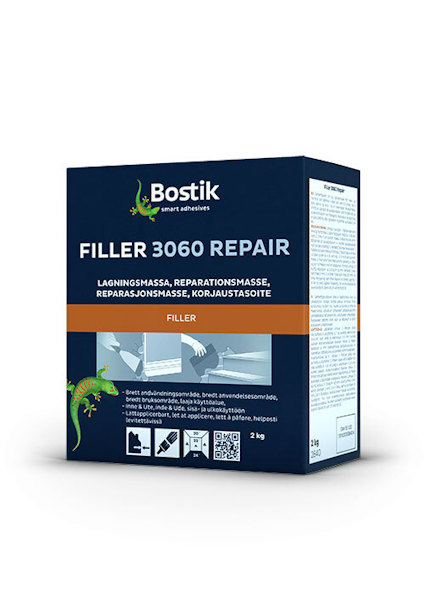 Förpackning av Bostik Filler 3060 Repair, 2 kg, med text på flera språk och bild av kameleont.