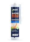 Patron med silikonfogmassa, etikett i blått och vitt med texten "Bostik Silicone Build Sanitary".