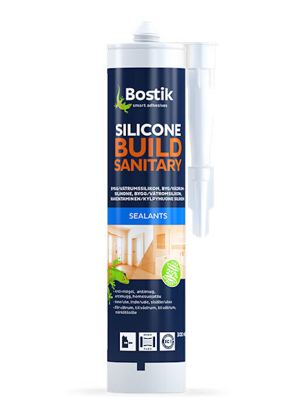 Patron med silikonfogmassa, etikett i blått och vitt med texten "Bostik Silicone Build Sanitary".