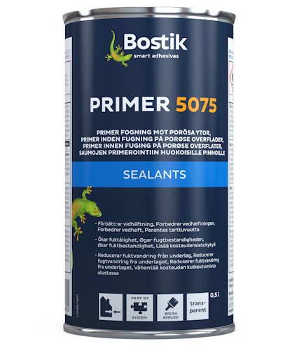 Bostik Primer 5075 burk med text på olika språk och genomskinligt innehåll.
