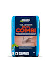 Blå och orange påse med texten "Bostik Tile Adhesive 8010 Combi" och bild av en murslev som sprider kakellim.