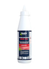 Vit flaska med konisk topp, etikett med texten "Bostik Wood Adhesive 800 PU" och säkerhetssymboler.