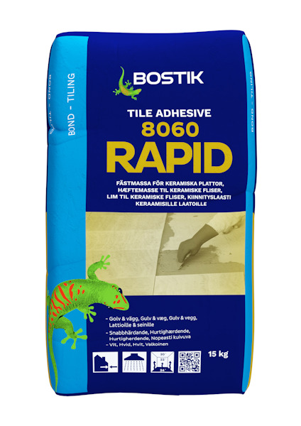 Förpackning av Bostik Tile Adhesive Rapid 8060, 15 kg, med etikett och färgglada detaljer.