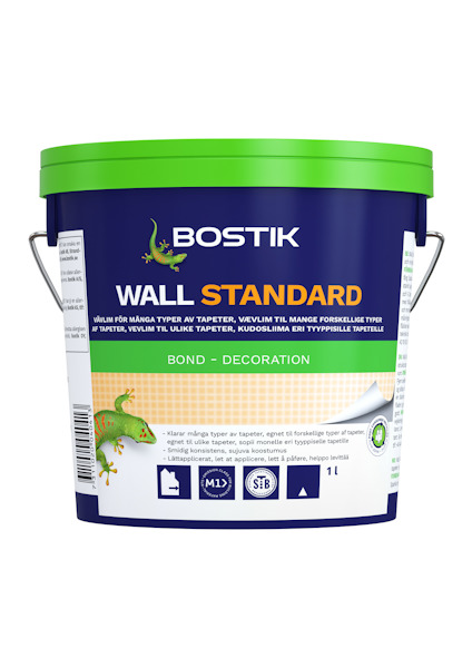 Behållare för VÄVLIM WALL STANDARD 1L från Bostik med grön och blå etikett samt text och logotyp.