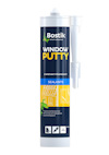 Tub med etikett "Bostik Window Putty", text på blå och gul bakgrund.