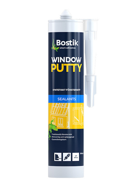 Tub med etikett "Bostik Window Putty", text på blå och gul bakgrund.
