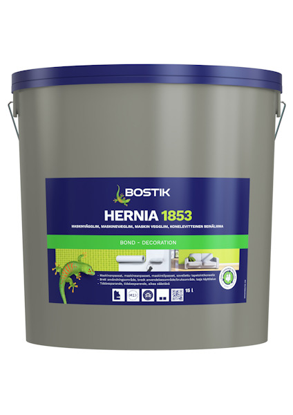 Grön hink med etikett "Bostik Hernia 1853" inklusive logotyp och bilder på verktyg.