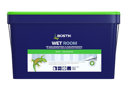 Mörkblå plastbehållare med grön lock och texten "Bostik Wet Room" på etiketten samt en bild av en ödla.