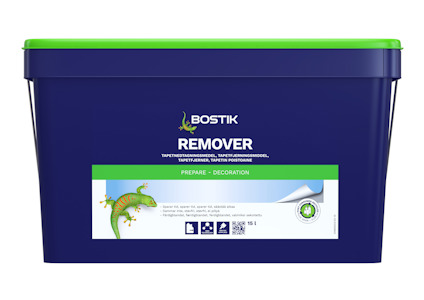 Blå plastbehållare med grönt lock och etikett med texten "Bostik Remover" och en tecknad ödla.