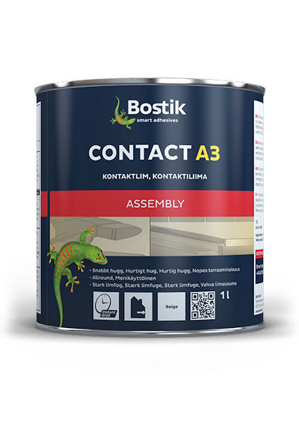 Burk med Bostik Contact A3 kontaktlim. Etiketten har en gecko och text på flera språk, inklusive "ASSEMBLY".
