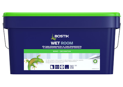 Rektangulär blå behållare märkt "Bostik Wet Room" med grön gecko.