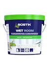 Plastburk med blå etikett och texten "Bostik Wet Room".