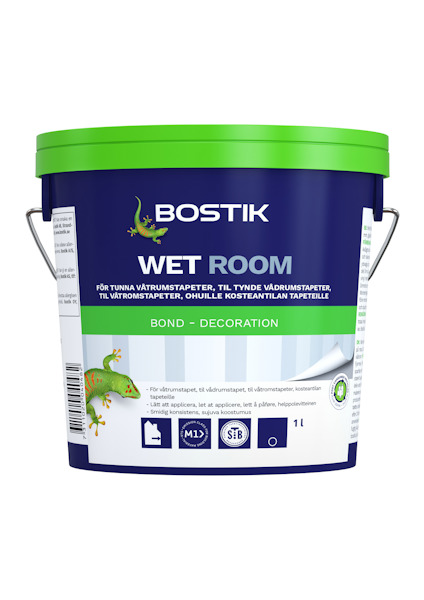 Plastburk med blå etikett och texten "Bostik Wet Room".