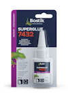 Förpackning med Bostik Superglue 7432, genomskinlig flaska med pip och etikett på blisterförpackning.