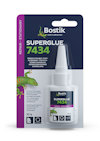 Blisterförpackning med Bostik Superglue 7434, innehåller en vit flaska med pipkork och färgglad etikett med text på flera språk.