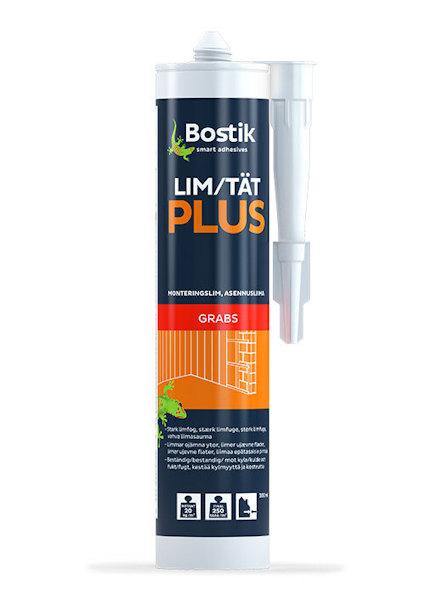 Vit tub med texten "Bostik Lim/Tät Plus" och en applikatorspets.