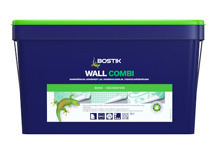 Blå plastbehållare med grönt lock och Bostik-logotyp. Text: WALL COMBI. Bild av en gecko och ikoner.