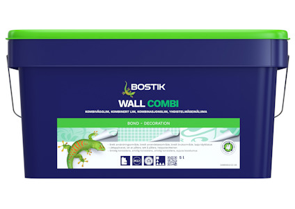 Blå och grön Bostik-hink märkt "WALL COMBI" med gecko-illustration och piktogram.