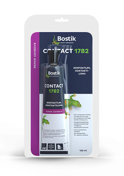 Förpackning av Bostik Contact 1782 med text på flera språk och bild på en ödla. Innehåll 100 ml.