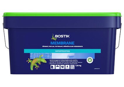 Blå och grön hink med texten "Bostik Membrane" och en illustration av en ödla. Text för vattentätning syns.