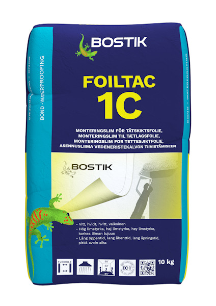 Förpackning med Bostik FOILTAC 1C, monteringslim för tätskiktsfolie, 10 kg.