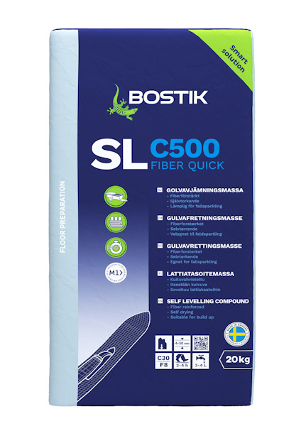 Förpackning med texten "Bostik SL C500 Fiber Quick 20 kg" och "Self Levelling Compound".