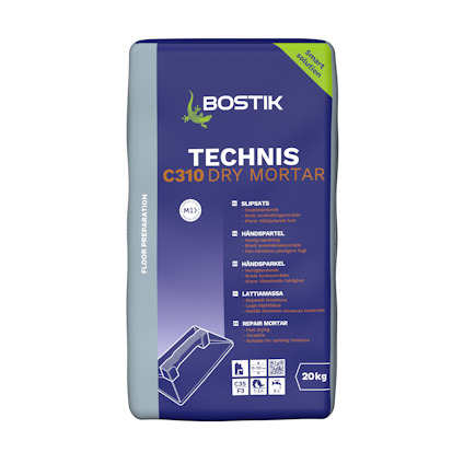 Förpackning av Bostik Technis C310 Dry Mortar, 20 kg, med text på flera språk och en illustration av en spackel på framsidan.