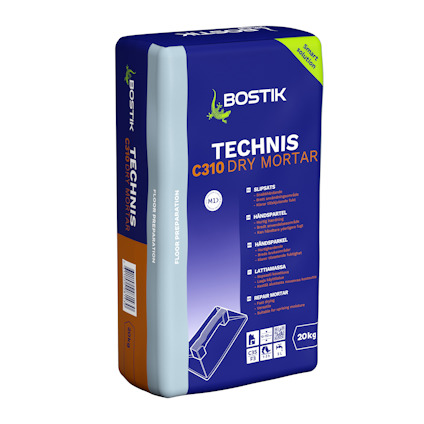 Bostik Technis C310 Dry Mortar, 20 kg blå och orange säck med text och mönster i vitt och grönt.