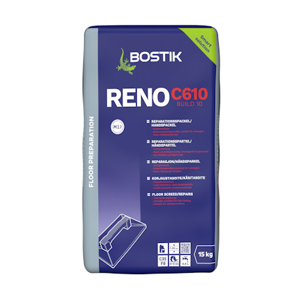 Förpackning av Bostik Reno C610 reparationsspackel, 15 kg, med vit och lila design och text.