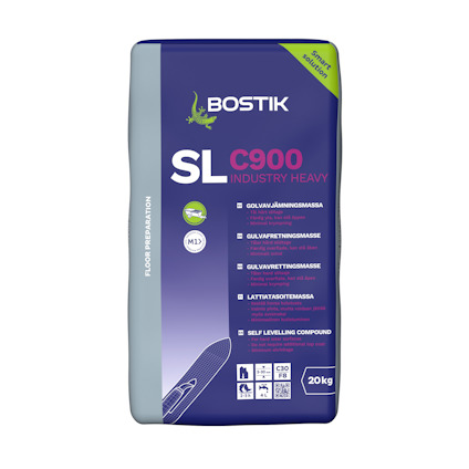 Förpackning av Bostik SL C900 Industry Heavy flytspackel, 20 kg, med text på flera språk och en bild av en spackelspade.