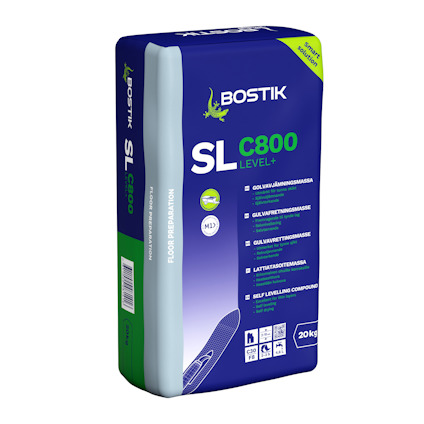 Förpackning med Bostik SL C800 golvavjämningsmassa, 20 kg, blå och grön design.