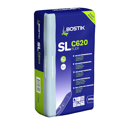 Förpackning med Bostik SL C620 Flexi golvavjämningsmassa, 20 kg.