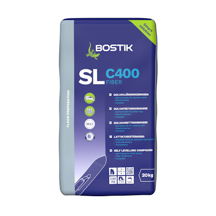 Förpackning av Bostik SL C400 Fiber golvavjämningsmassa, 20 kg.