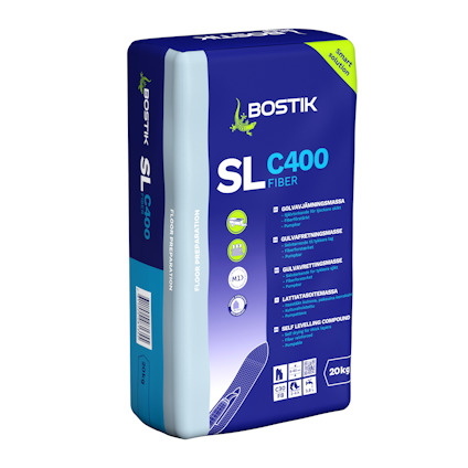 Förpackning av Bostik SL C400 Fiber golvavjämningsmassa, 20 kg.