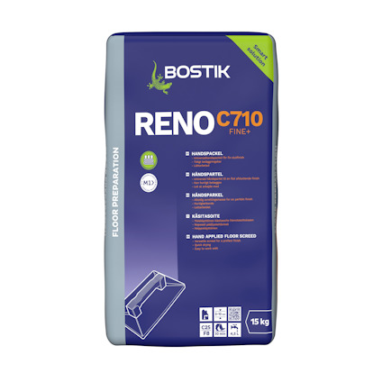 Förpackning med Bostik RENO C710 FINE+ 15KG, text på engelska beskriver användningsområden och instruktioner.