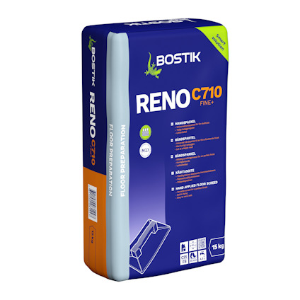 Förpackning av Bostik RENO C710 Fine+, 15 kg, med blå, orange och vit text och symboler.