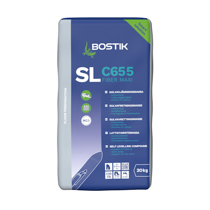 Förpackning med Bostik SL C655 Fiber Maxi, självutjämnande golvmassa, 20 kg.