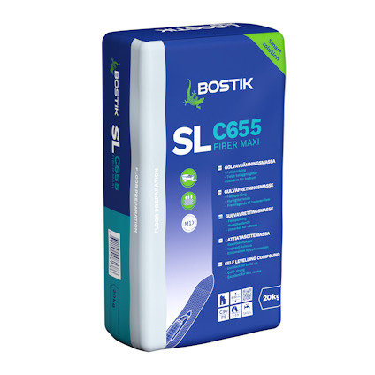 Förpackning av Bostik SL C655 fiber-maxi golvavjämningsmassa, 20 kg.