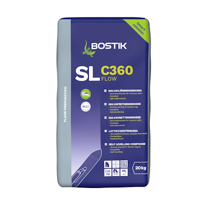 Förpackning av Bostik SL C360 Flow golvutjämningsmassa, 20 kg, med blå och lila design samt vit text.