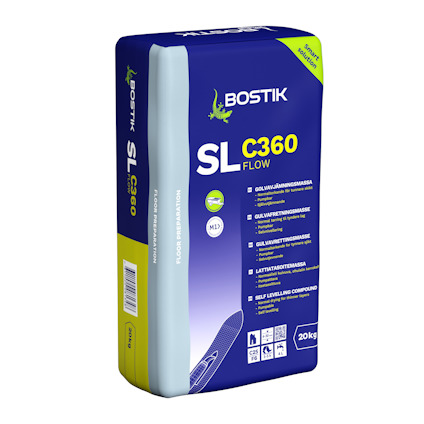 Bostik SL C360 Flow golvavjämningsmassa i blå och gul förpackning, vikt 20 kg.