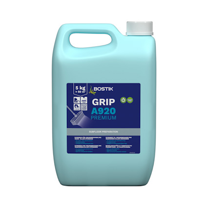 Ljusblå plastbehållare med etikett "Bostik GRIP A920 PREMIUM" och instruktioner på flera språk.
