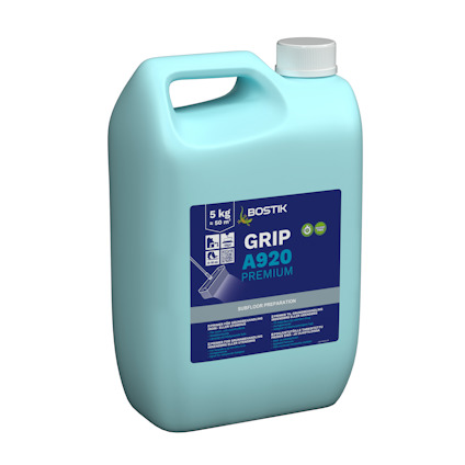 Behållare med etikett "Bostik GRIP A920 Premium, 5 kg", blå etikett på ljusblå kanna.