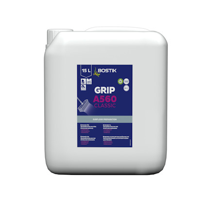 Kvadratisk vit plastbehållare med blå etikett, text: "Bostik GRIP A560 CLASSIC 15L".