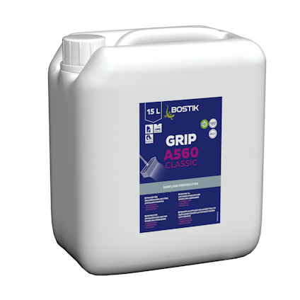 Vit plastbehållare med texten: "Bostik Grip A560 Classic, 15 L".