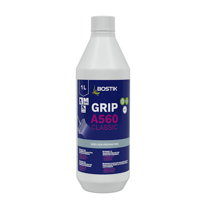 Vit flaska med etikett i blått och lila, text: "Bostik GRIP A560 CLASSIC 1L".