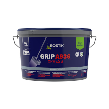 Förpackning av Bostik GRIP A936 XPRESS golvprimer, 5 kg, med handtag och blå etikett.