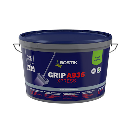 Behållare med Bostik Grip A936 Xpress, 5 kg, för golvförberedelse, med instruktioner och märkningar på etiketten.