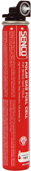 Röd Senco polar gasbränslecell med vit text och detaljer.