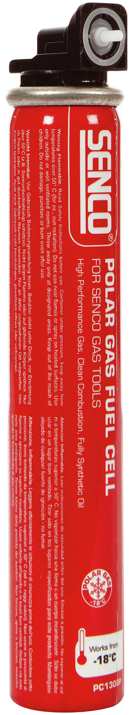 Röd Senco polar gasbränslecell med vit text och detaljer.
